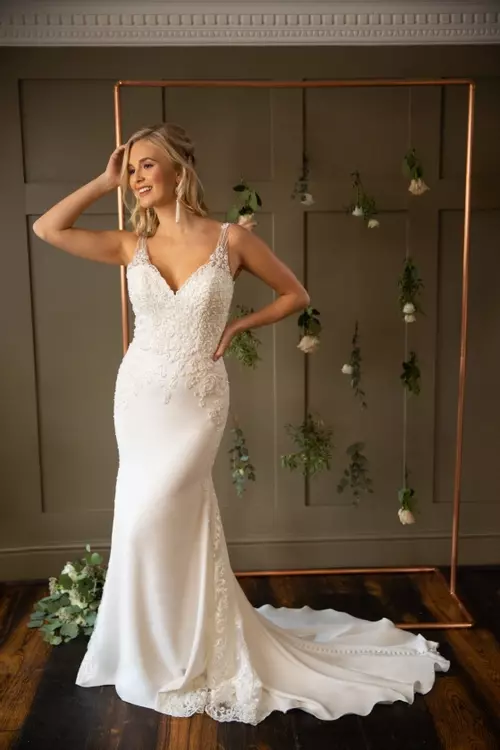 Beaded illusion and store crepe sheath wedding dress